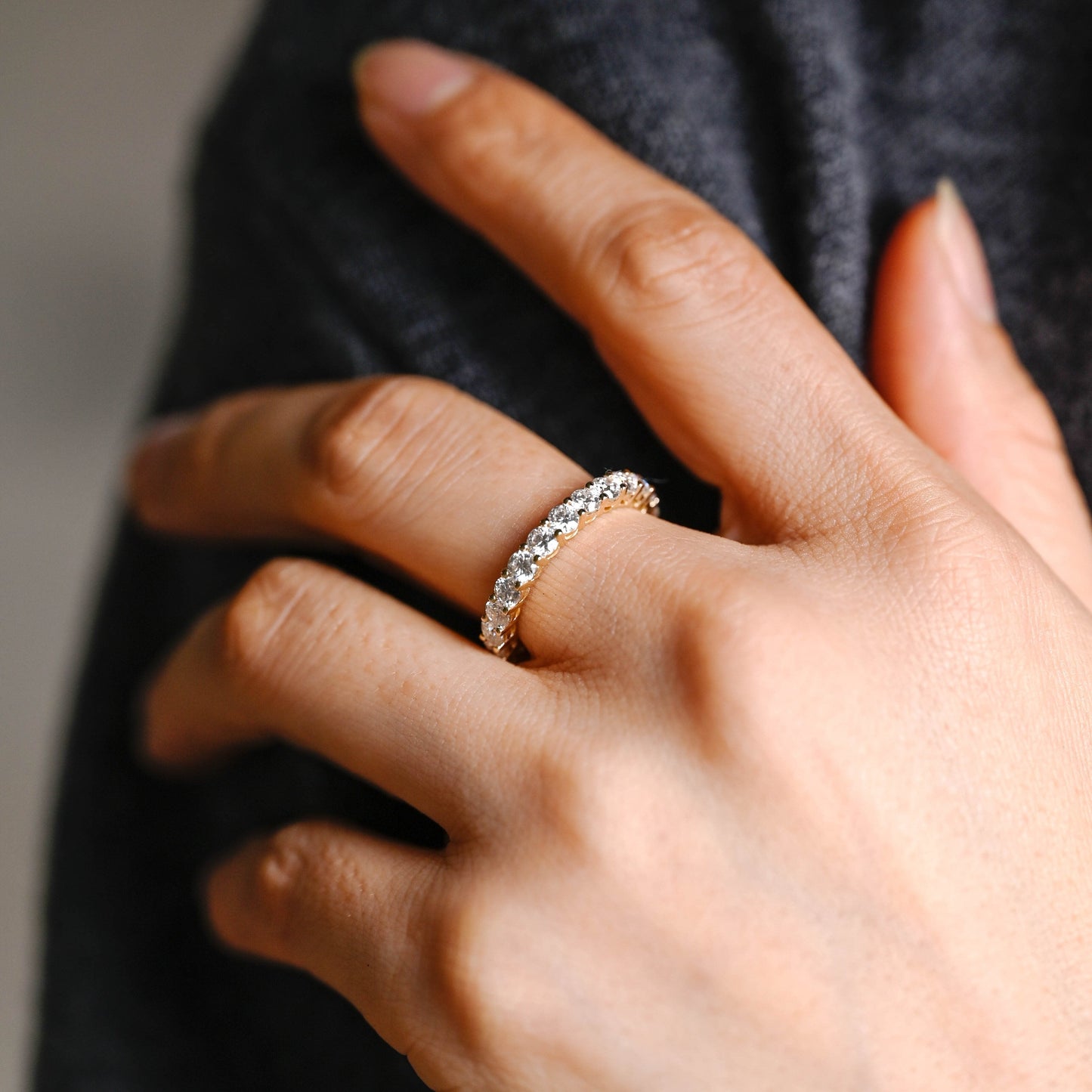 SquareJewelry women's wedding ring Solid Gold Full Eternity Round Moissanite Wedding Band