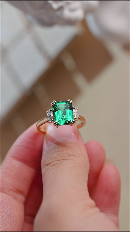 Solid Gold Three Stone Lab Grown Emerald Engagement Ring