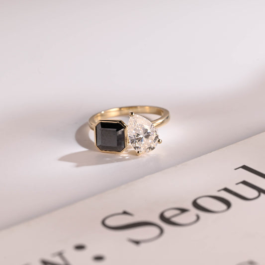 SquareJewelry asscher cut moissanite engagement ring Solid Gold Toi et Moi Black Asscher & Pear Cut Moissanite Engagement Ring