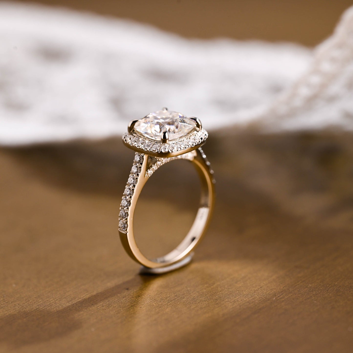 SquareJewelry cushion cut moissanite engagement ring Solid Gold Halo & Pave Cushion Moissanite Engagement Ring