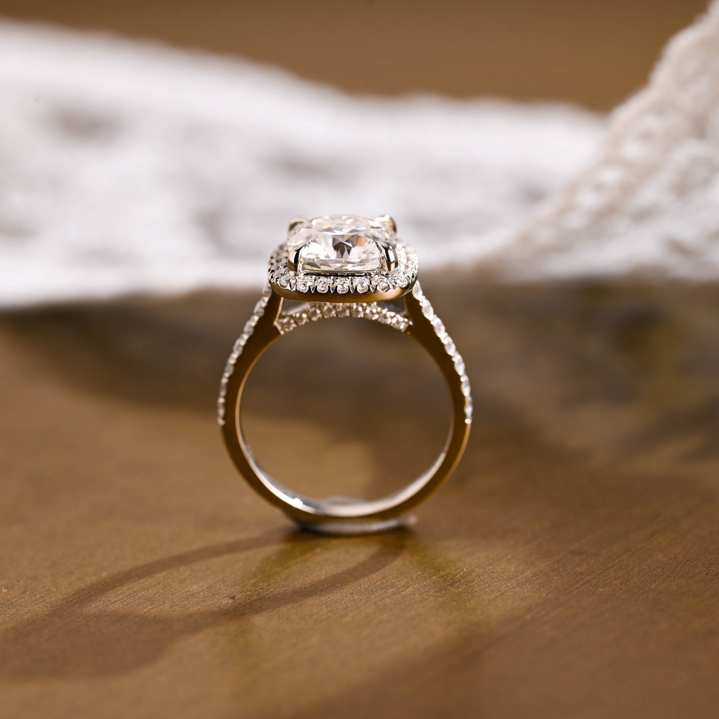 SquareJewelry cushion cut moissanite engagement ring Solid Gold Halo & Pave Cushion Moissanite Engagement Ring