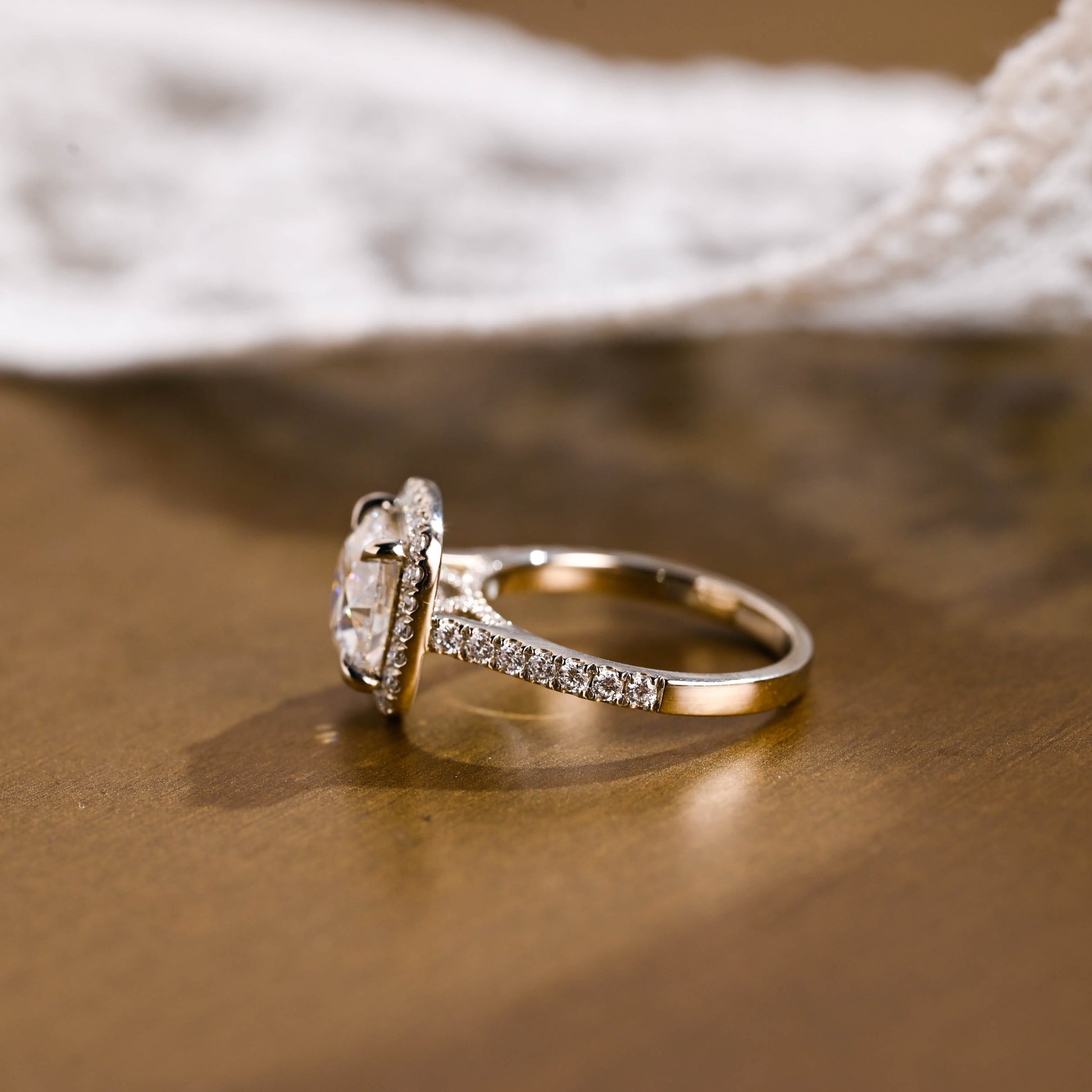 SquareJewelry cushion cut moissanite engagement ring Solid Gold Halo & Pave Cushion Moissanite Engagement Ring