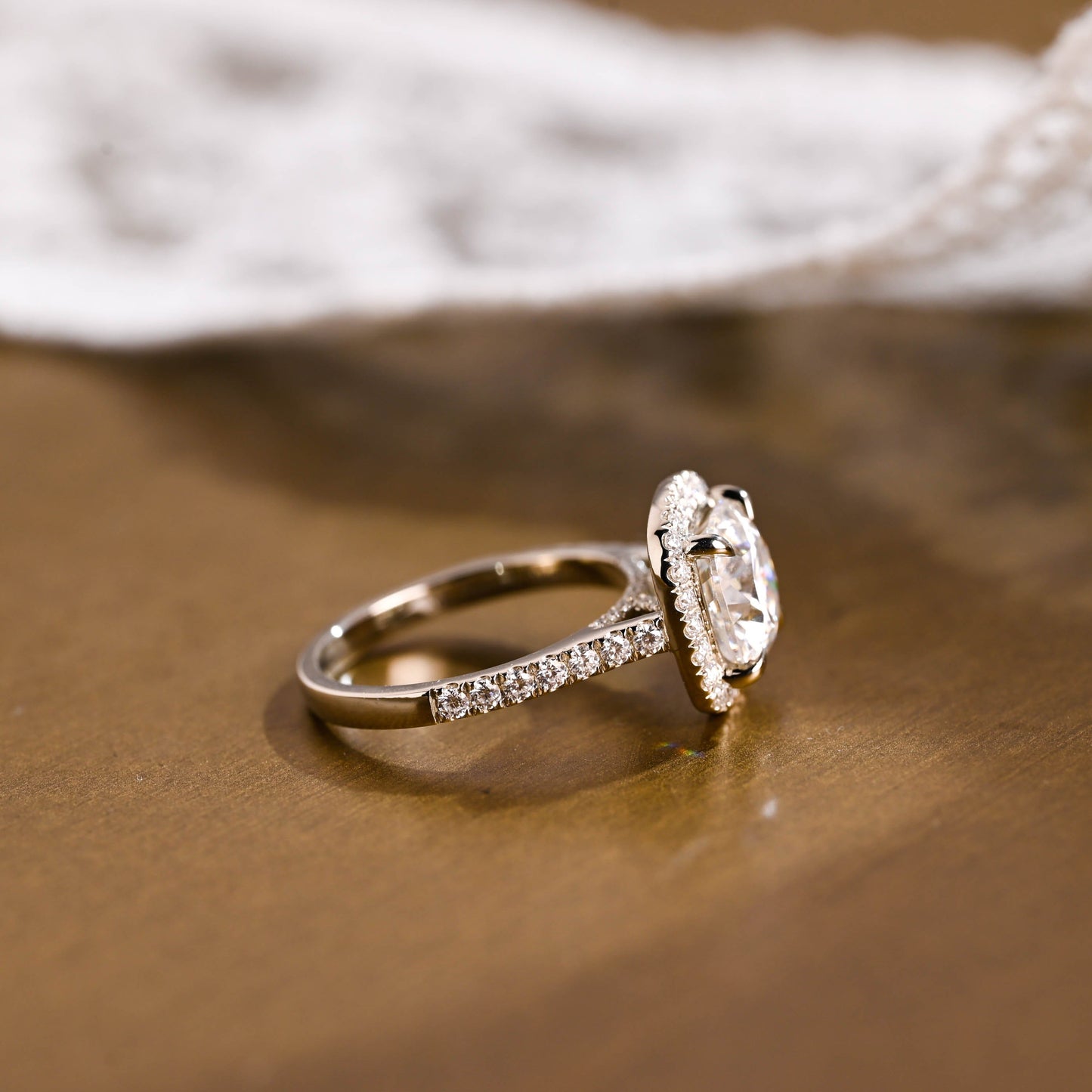 SquareJewelry cushion cut moissanite engagement ring Solid Gold Halo & Pave Cushion Moissanite Engagement Ring