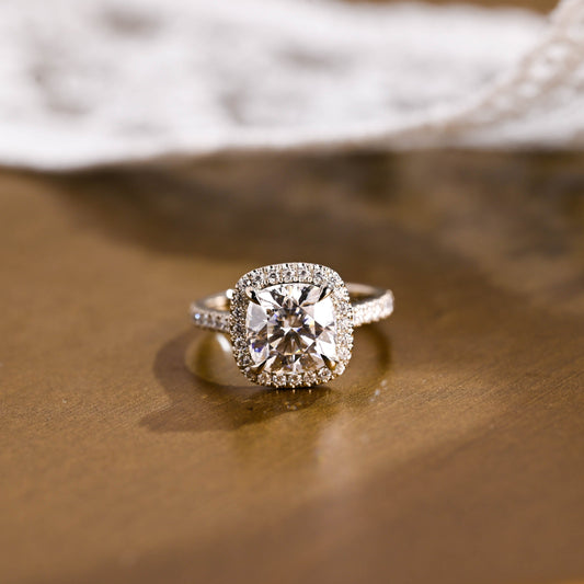 SquareJewelry cushion cut moissanite engagement ring Solid Gold Halo & Pave Cushion Moissanite Engagement Ring