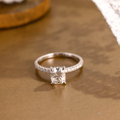 SquareJewelry cushion cut moissanite engagement ring Solid Gold Hidden Halo Cushion Moissanite Engagement Ring