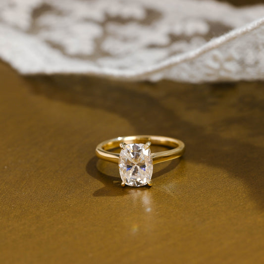 SquareJewelry cushion cut moissanite engagement ring Solid Gold Hidden Halo Elongated Cushion Cut Moissanite Engagement Ring