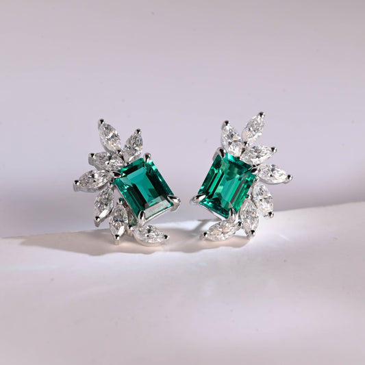 SquareJewelry earrings Leaf Cluster Lab Grown Emerald Earrings Studs