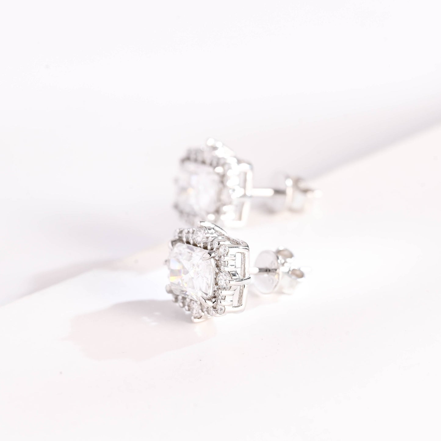 SquareJewelry earrings Solid Gold Halo Radiant Moissanite Earrings Studs