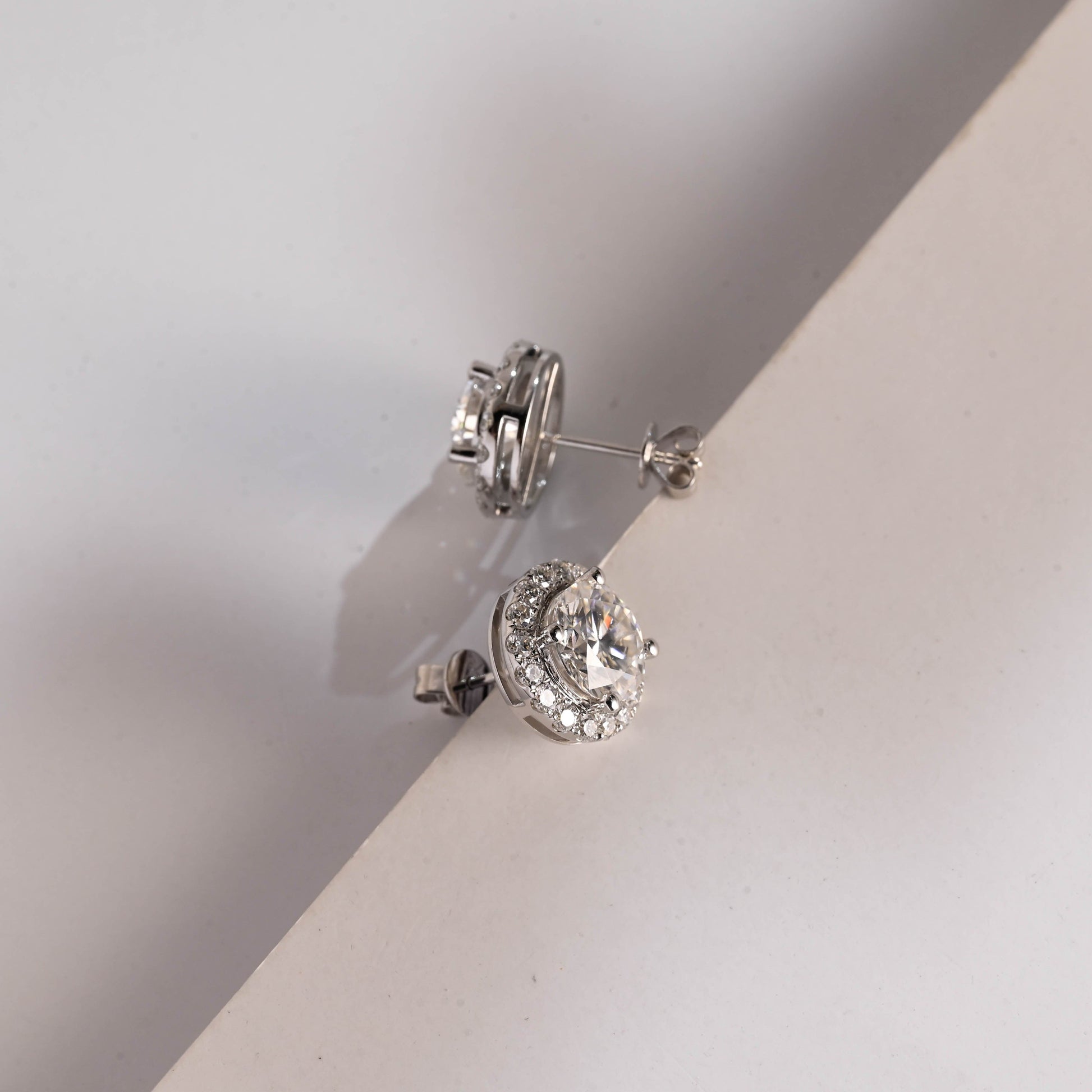 SquareJewelry earrings Solid Gold Halo Round Moissanite Earrings Studs