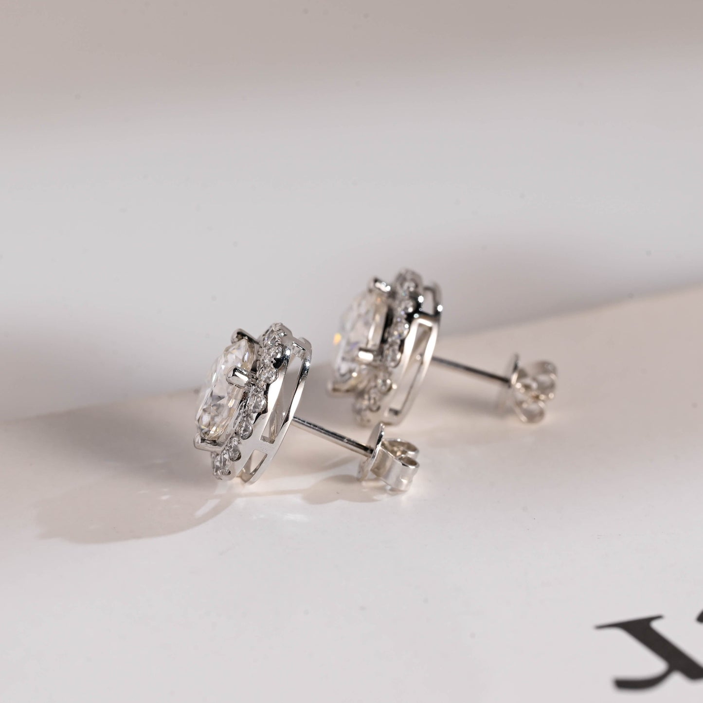 SquareJewelry earrings Solid Gold Halo Round Moissanite Earrings Studs