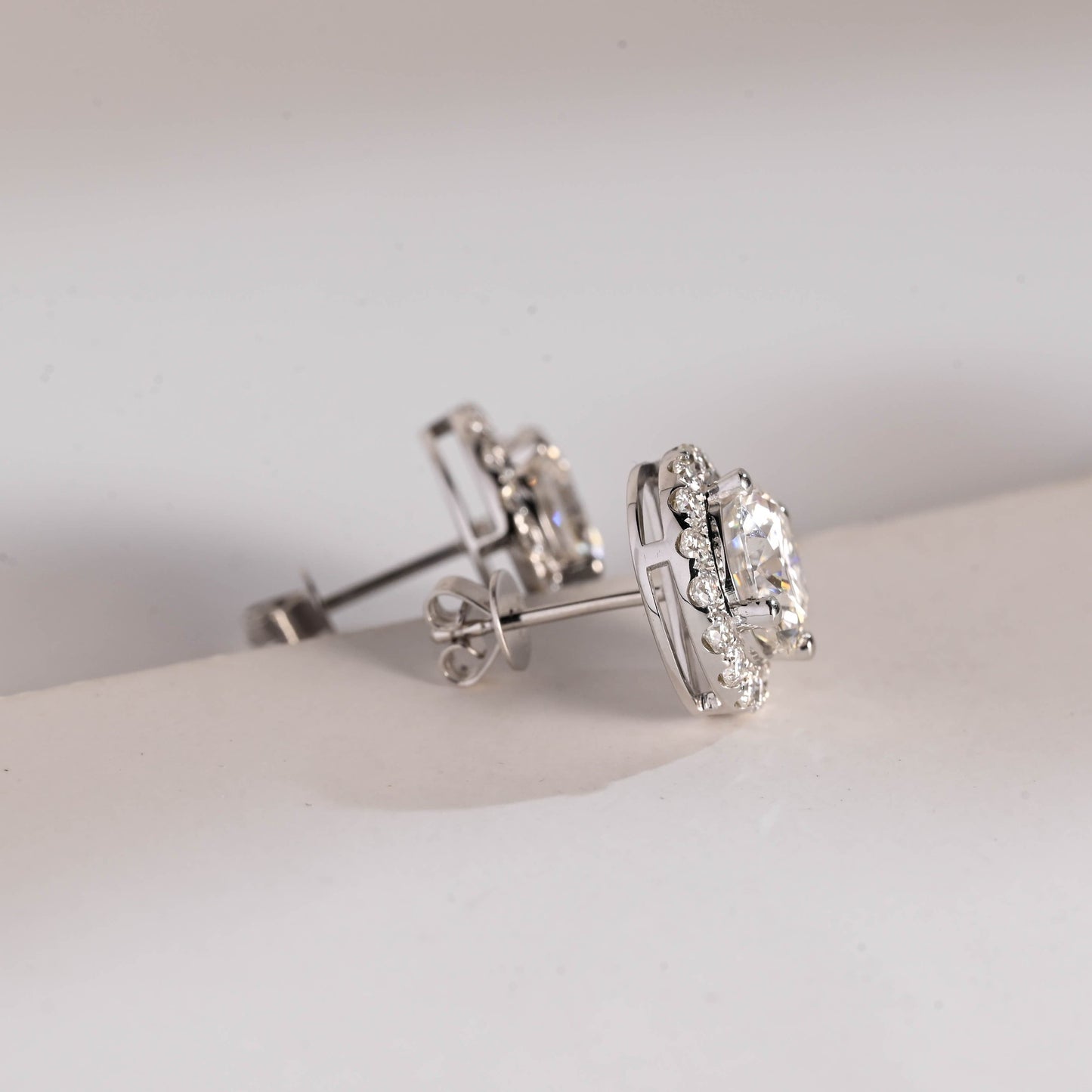 SquareJewelry earrings Solid Gold Halo Round Moissanite Earrings Studs