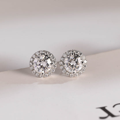 SquareJewelry earrings Solid Gold Halo Round Moissanite Earrings Studs