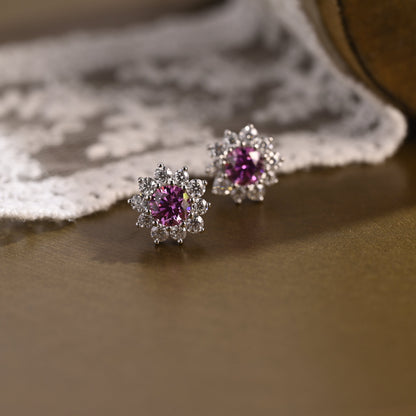 SquareJewelry earrings Sunflower Halo Purple Lab Grown Sapphire Earrings Studs
