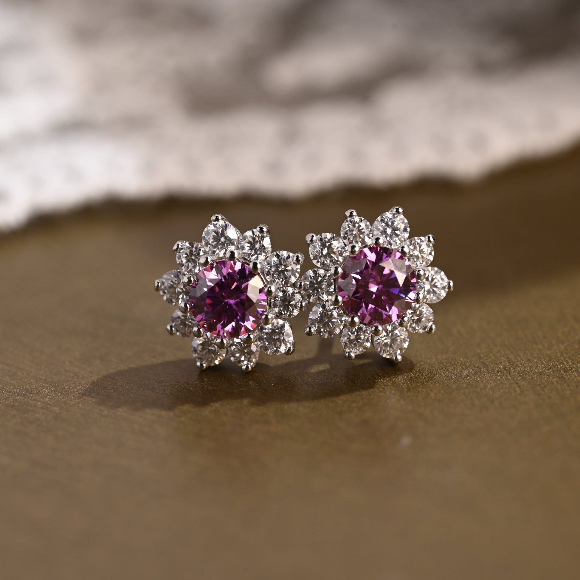 SquareJewelry earrings Sunflower Halo Purple Lab Grown Sapphire Earrings Studs