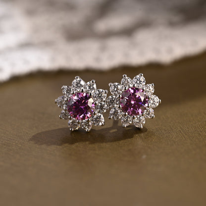SquareJewelry earrings Sunflower Halo Purple Lab Grown Sapphire Earrings Studs