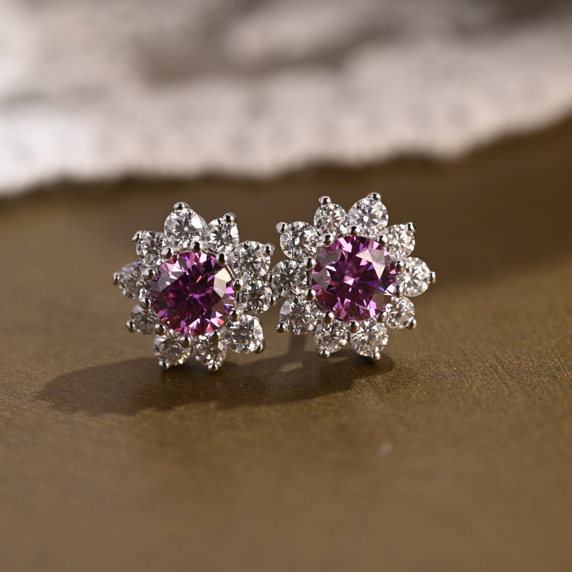 SquareJewelry earrings Sunflower Halo Purple Lab Grown Sapphire Earrings Studs