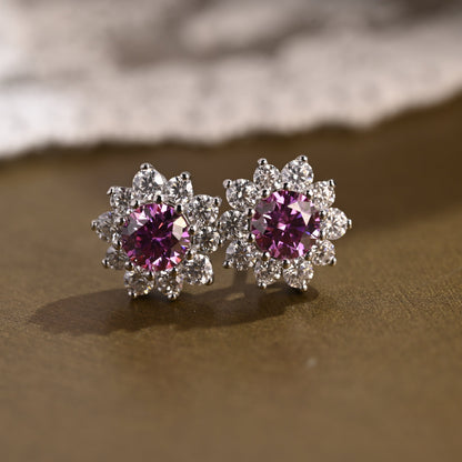 SquareJewelry earrings Sunflower Halo Purple Lab Grown Sapphire Earrings Studs