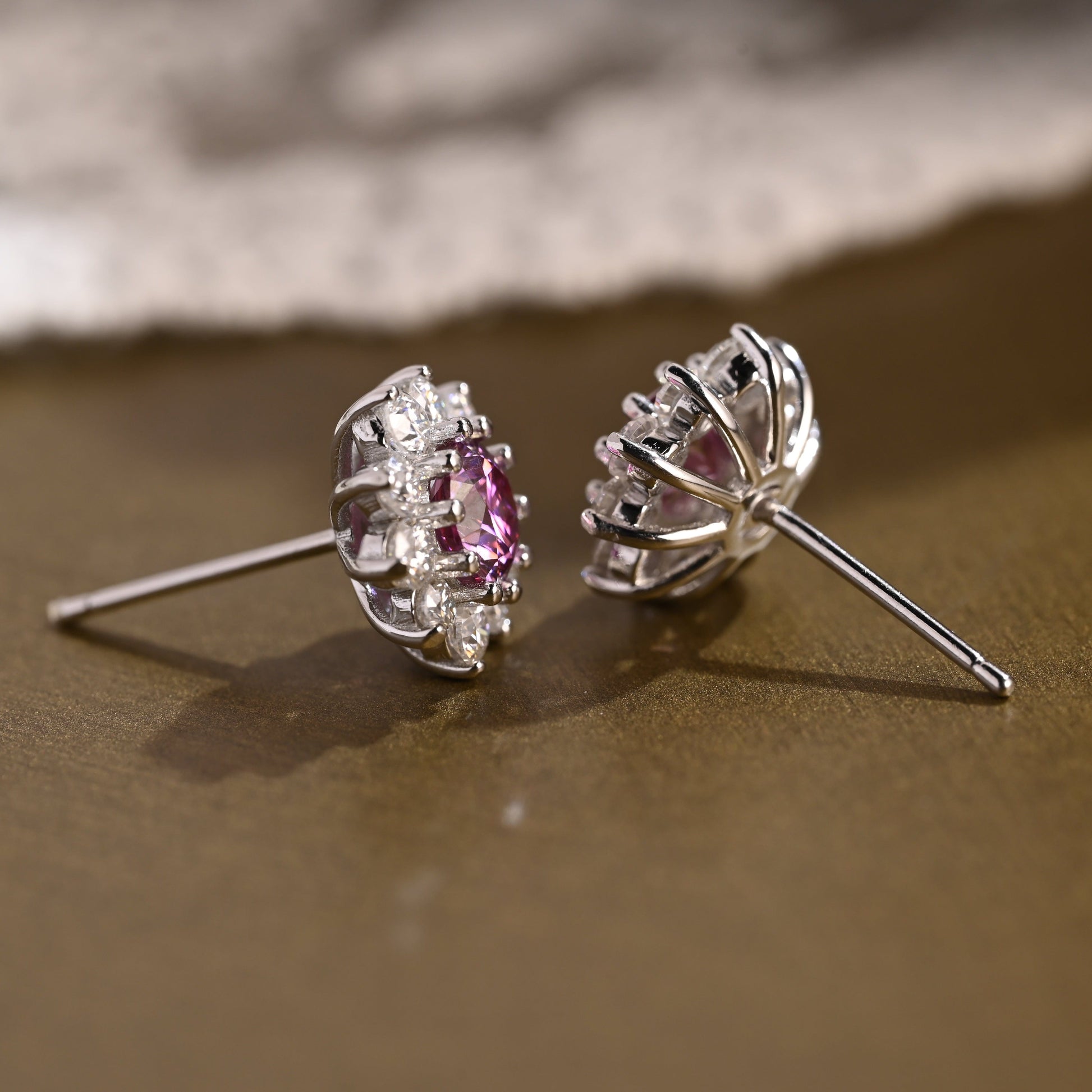 SquareJewelry earrings Sunflower Halo Purple Lab Grown Sapphire Earrings Studs