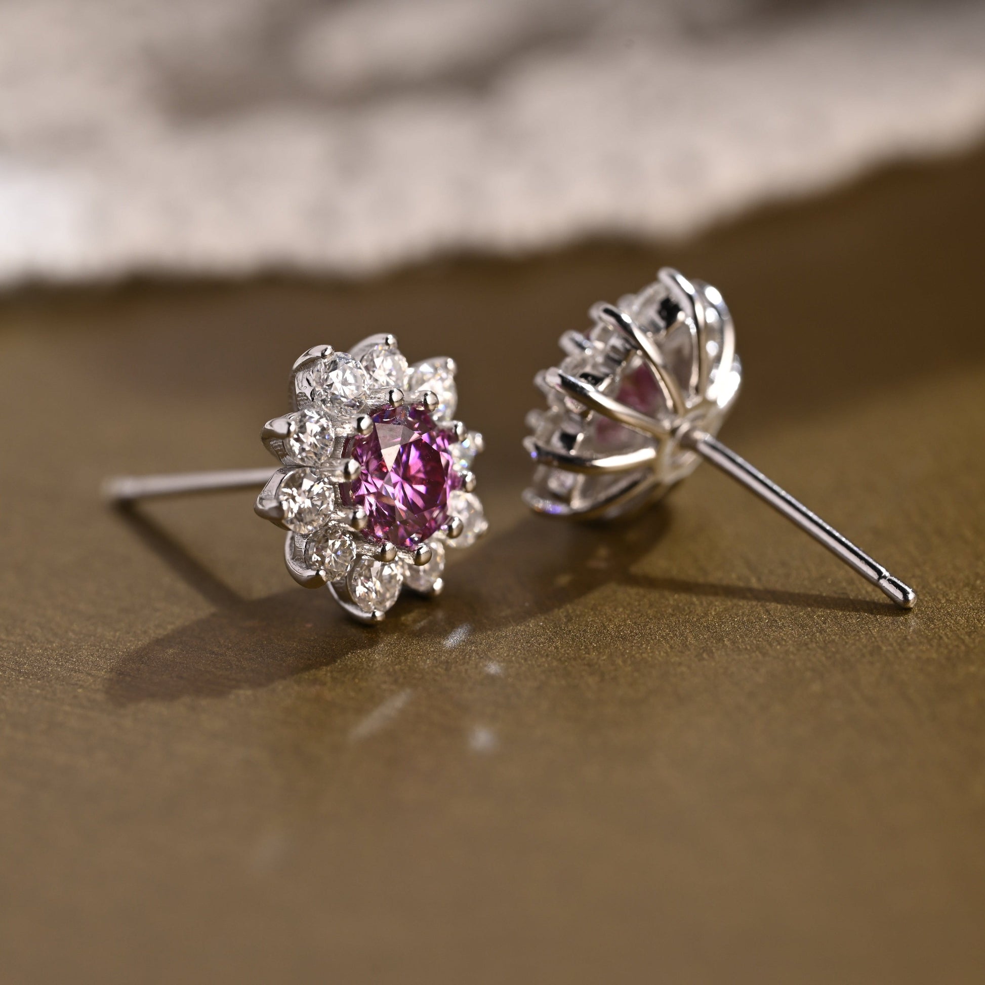 SquareJewelry earrings Sunflower Halo Purple Lab Grown Sapphire Earrings Studs