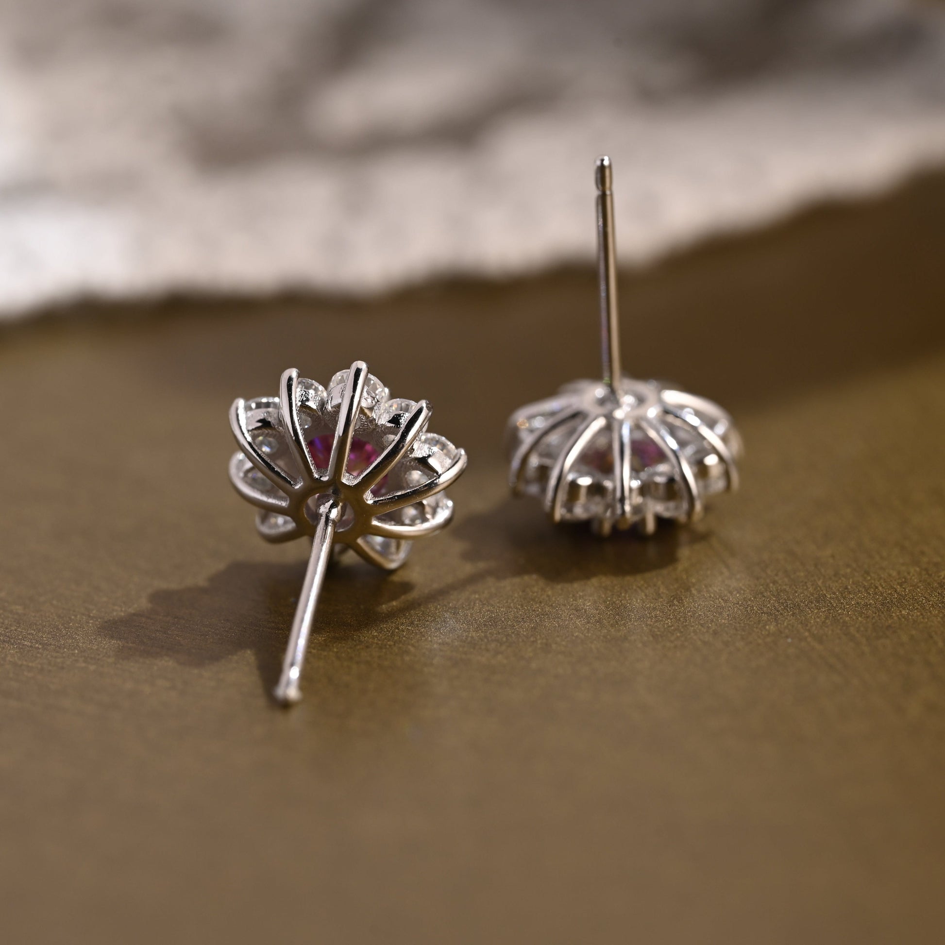SquareJewelry earrings Sunflower Halo Purple Lab Grown Sapphire Earrings Studs