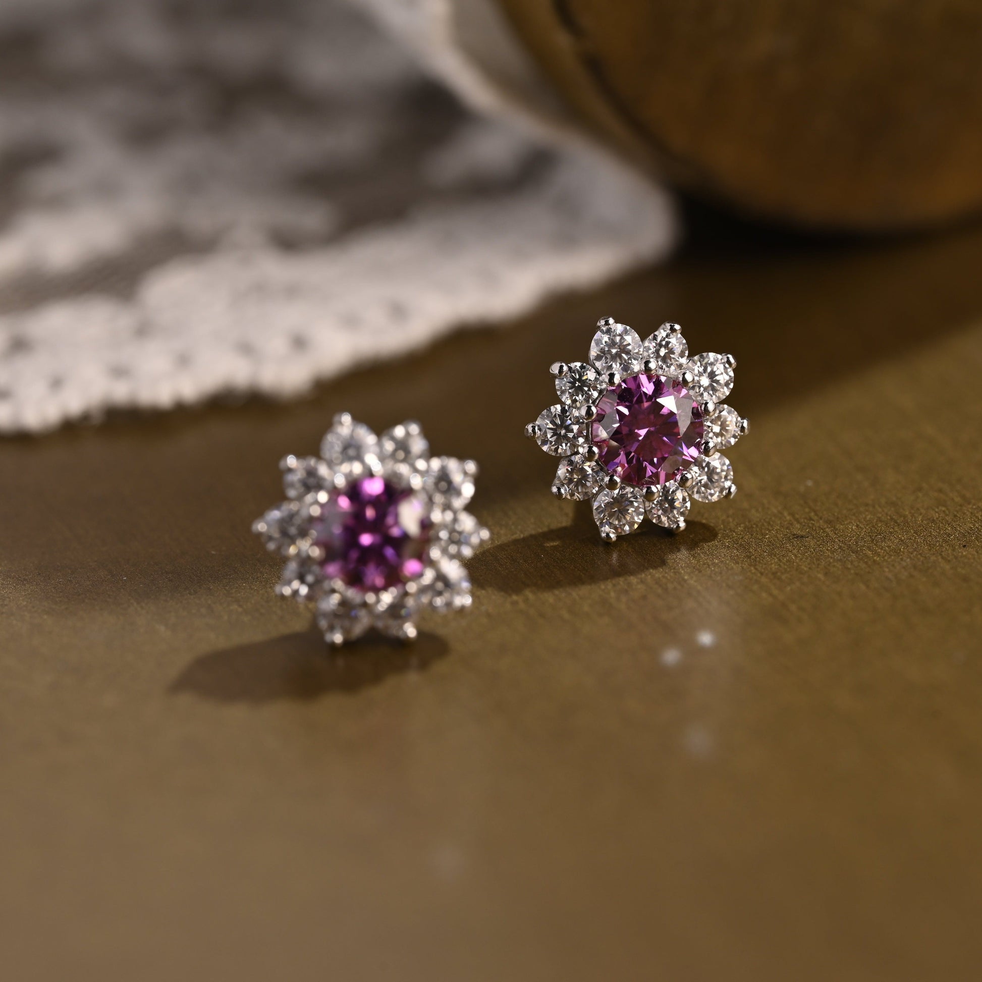 SquareJewelry earrings Sunflower Halo Purple Lab Grown Sapphire Earrings Studs