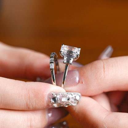 SquareJewelry emerald cut bridal set Solid Gold Emerald Cut Three Stone Moissainte Wedding Ring Set