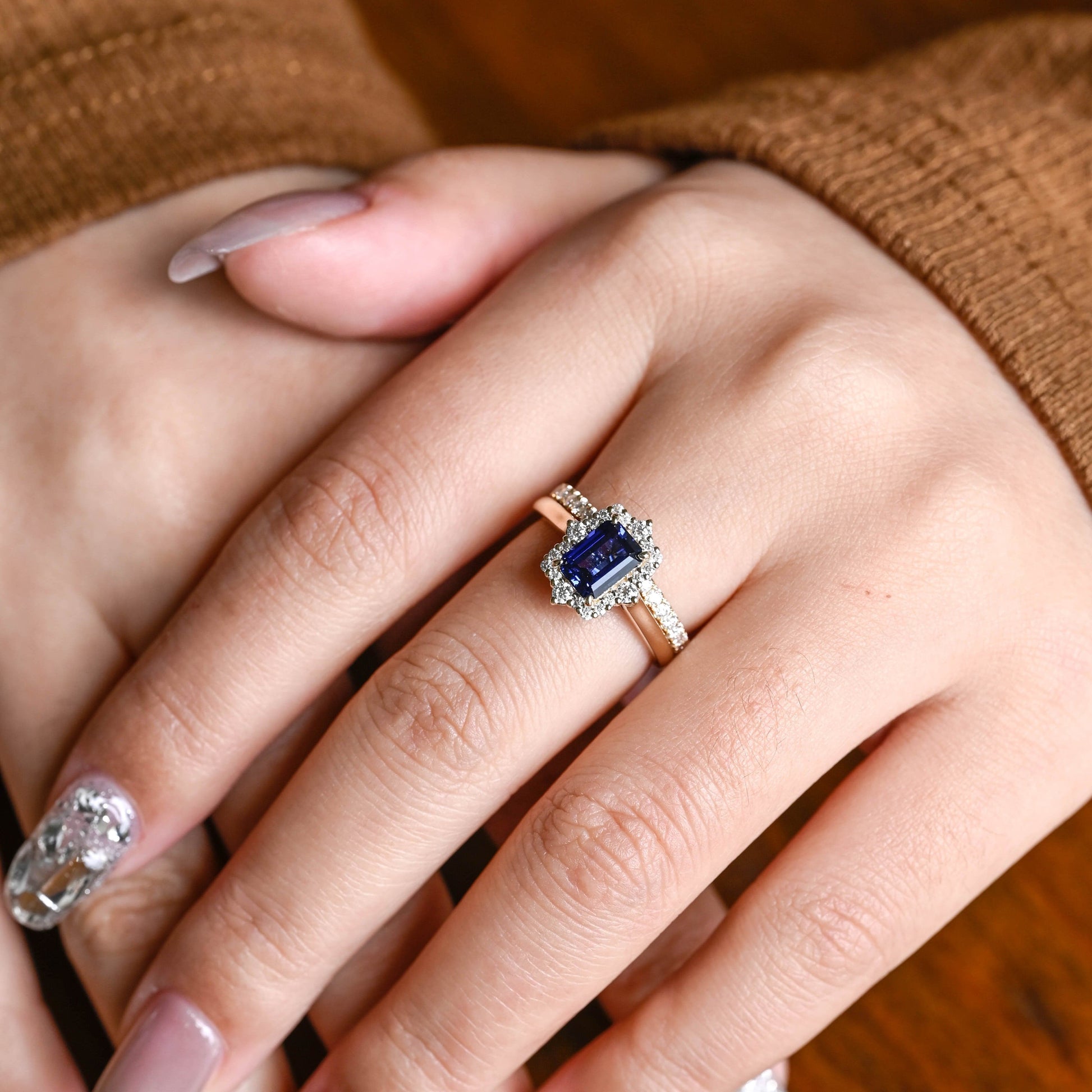 SquareJewelry emerald cut bridal set Solid Gold Halo Emerald Cut Blue Lab Grown Sapphire Ring Set