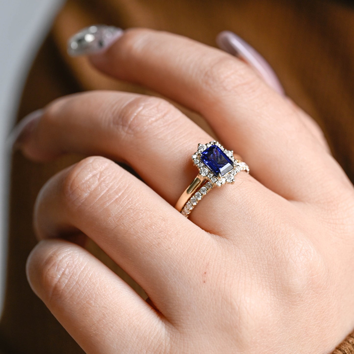 SquareJewelry emerald cut bridal set Solid Gold Halo Emerald Cut Blue Lab Grown Sapphire Ring Set