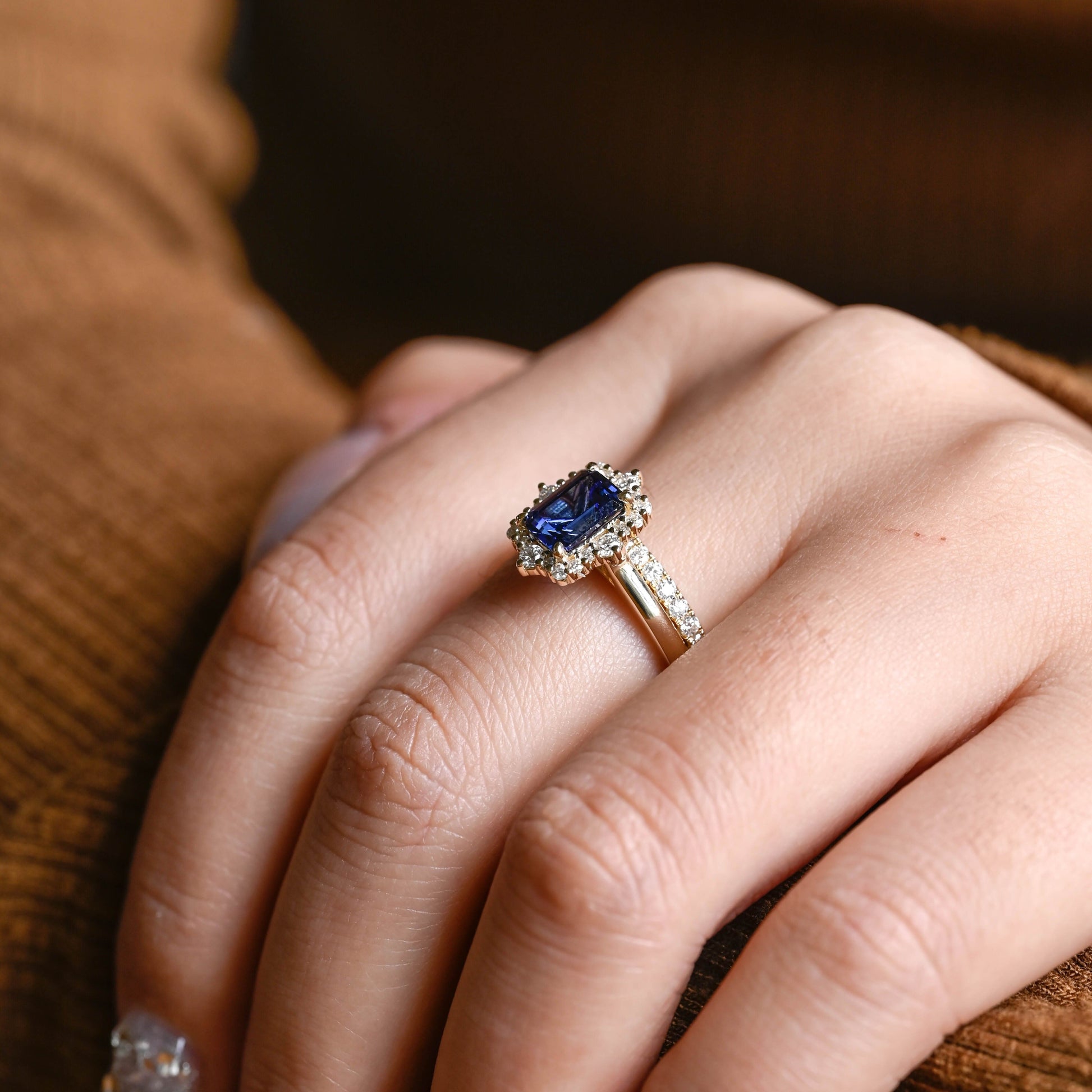 SquareJewelry emerald cut bridal set Solid Gold Halo Emerald Cut Blue Lab Grown Sapphire Ring Set