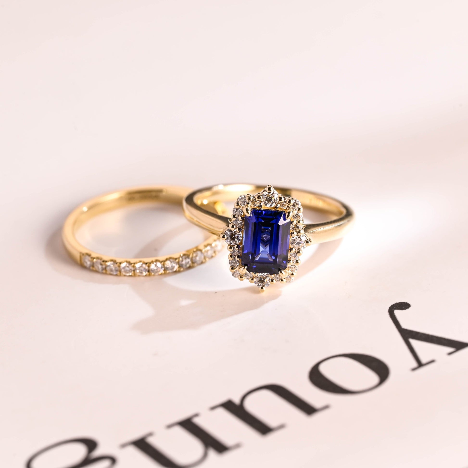 SquareJewelry emerald cut bridal set Solid Gold Halo Emerald Cut Blue Lab Grown Sapphire Ring Set