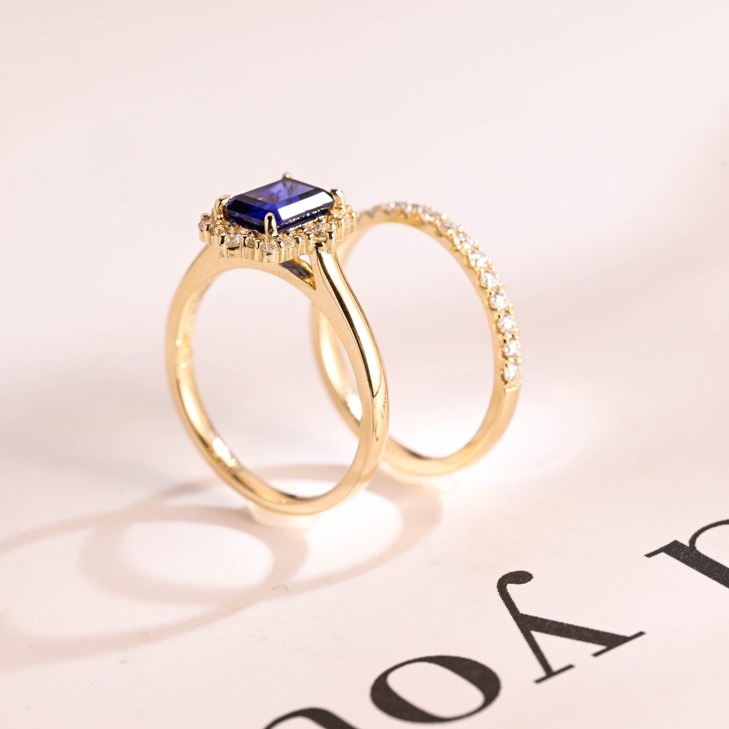 SquareJewelry emerald cut bridal set Solid Gold Halo Emerald Cut Blue Lab Grown Sapphire Ring Set