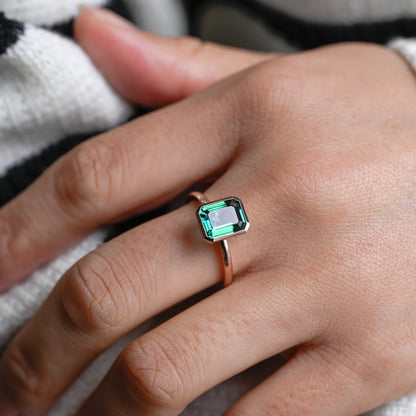 SquareJewelry emerald cut lab grown emerald engagement ring Solid Gold Bezel Lab Grown Emerald Engagement Ring