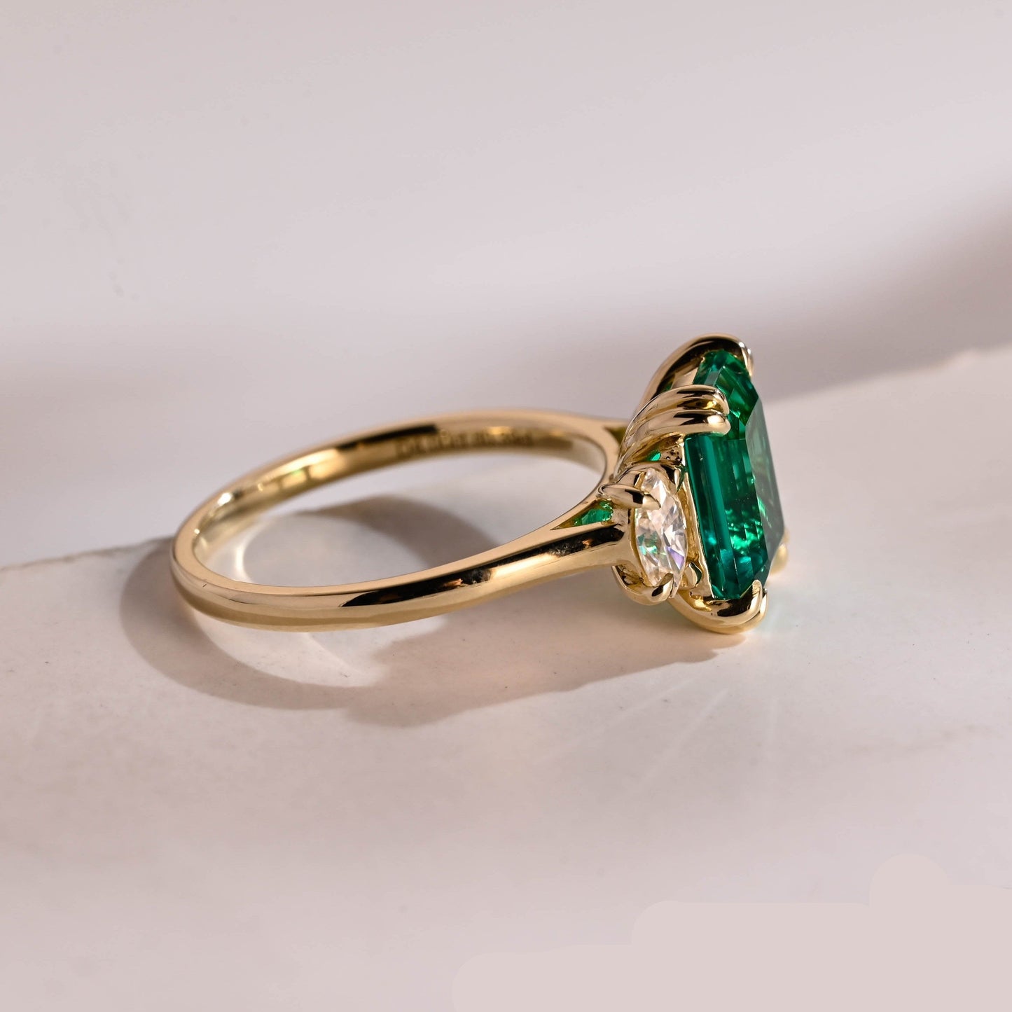 SquareJewelry emerald cut lab grown emerald engagement ring Solid Gold Three Stone Lab Grown Emerald Engagement Ring