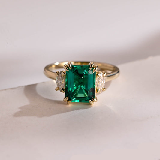 SquareJewelry emerald cut lab grown emerald engagement ring Solid Gold Three Stone Lab Grown Emerald Engagement Ring