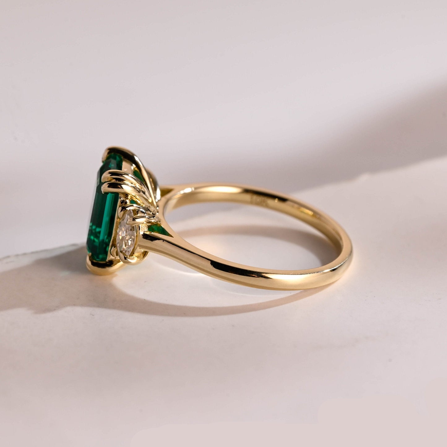 SquareJewelry emerald cut lab grown emerald engagement ring Solid Gold Three Stone Lab Grown Emerald Engagement Ring