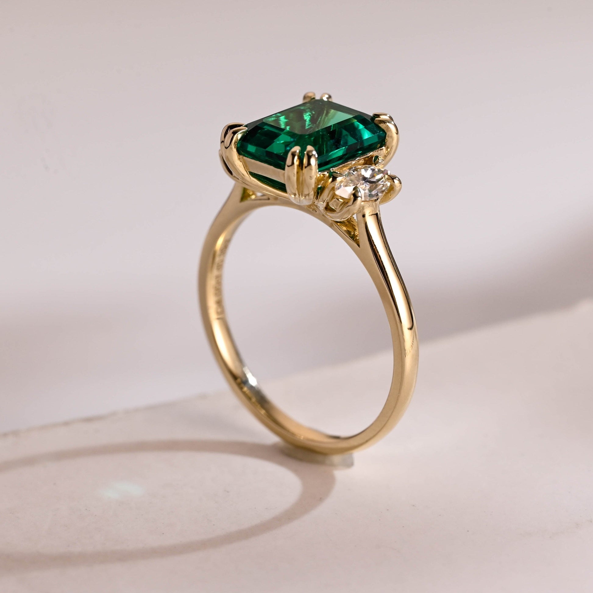 SquareJewelry emerald cut lab grown emerald engagement ring Solid Gold Three Stone Lab Grown Emerald Engagement Ring