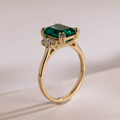 SquareJewelry emerald cut lab grown emerald engagement ring Solid Gold Three Stone Lab Grown Emerald Engagement Ring