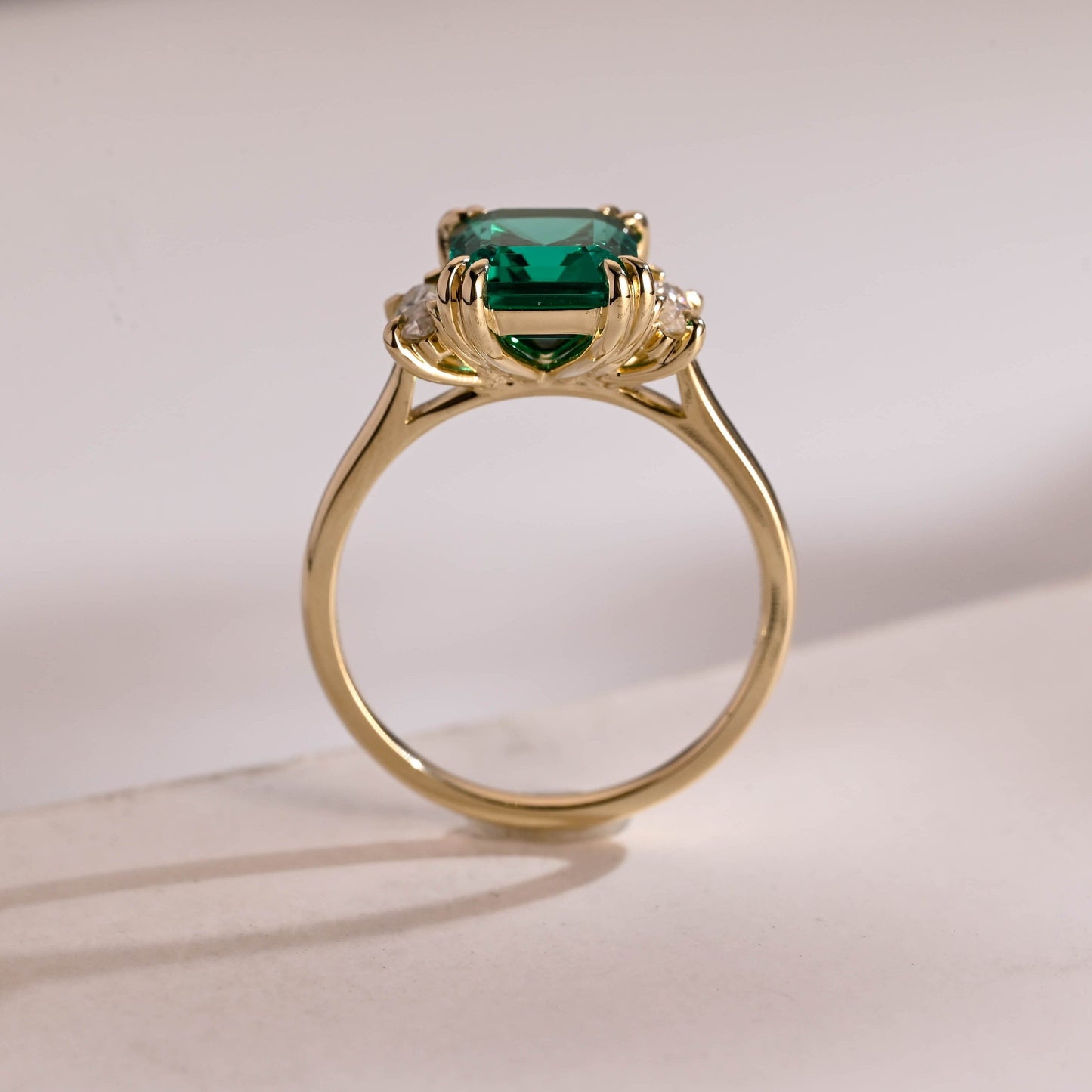 SquareJewelry emerald cut lab grown emerald engagement ring Solid Gold Three Stone Lab Grown Emerald Engagement Ring