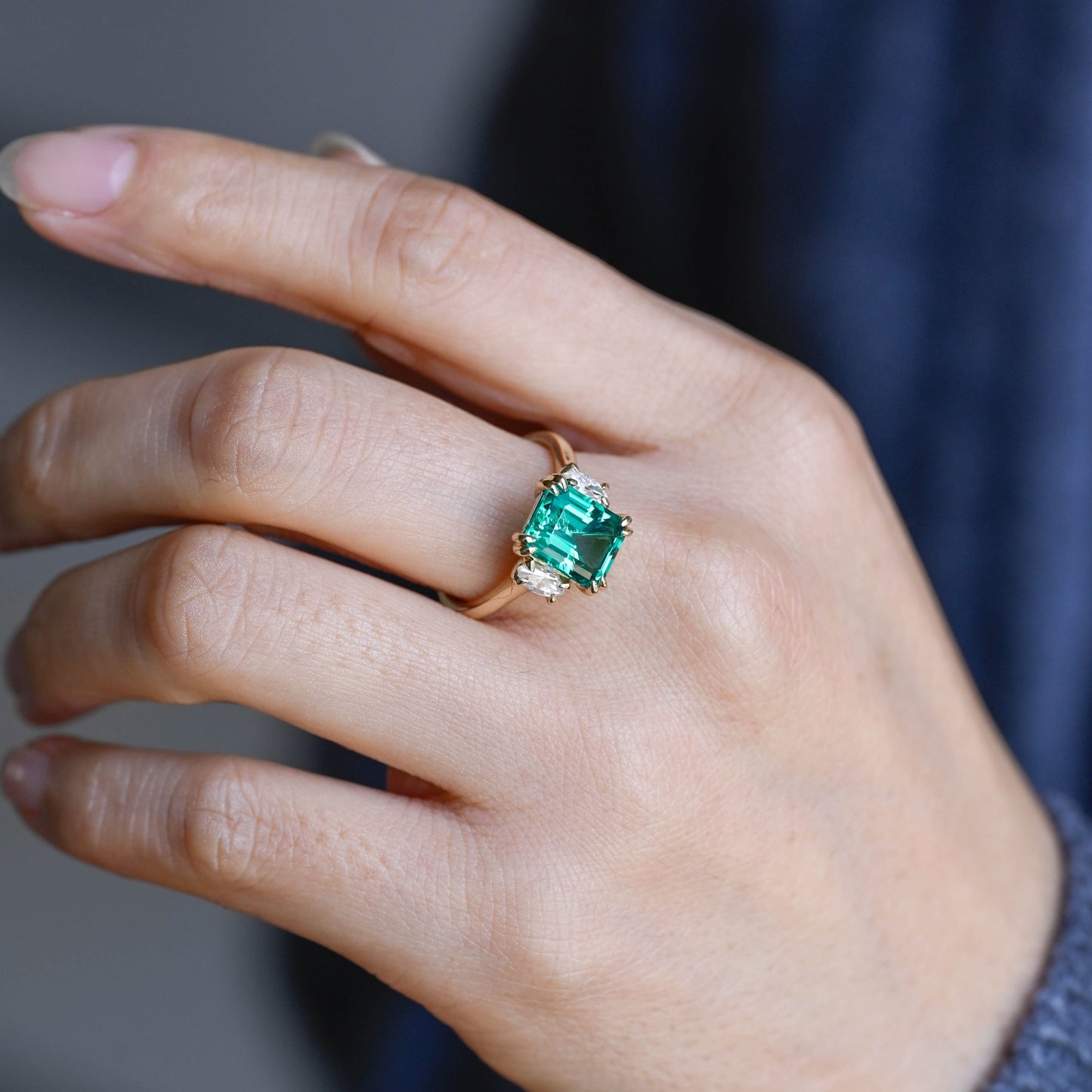 SquareJewelry emerald cut lab grown emerald engagement ring Solid Gold Three Stone Lab Grown Emerald Engagement Ring