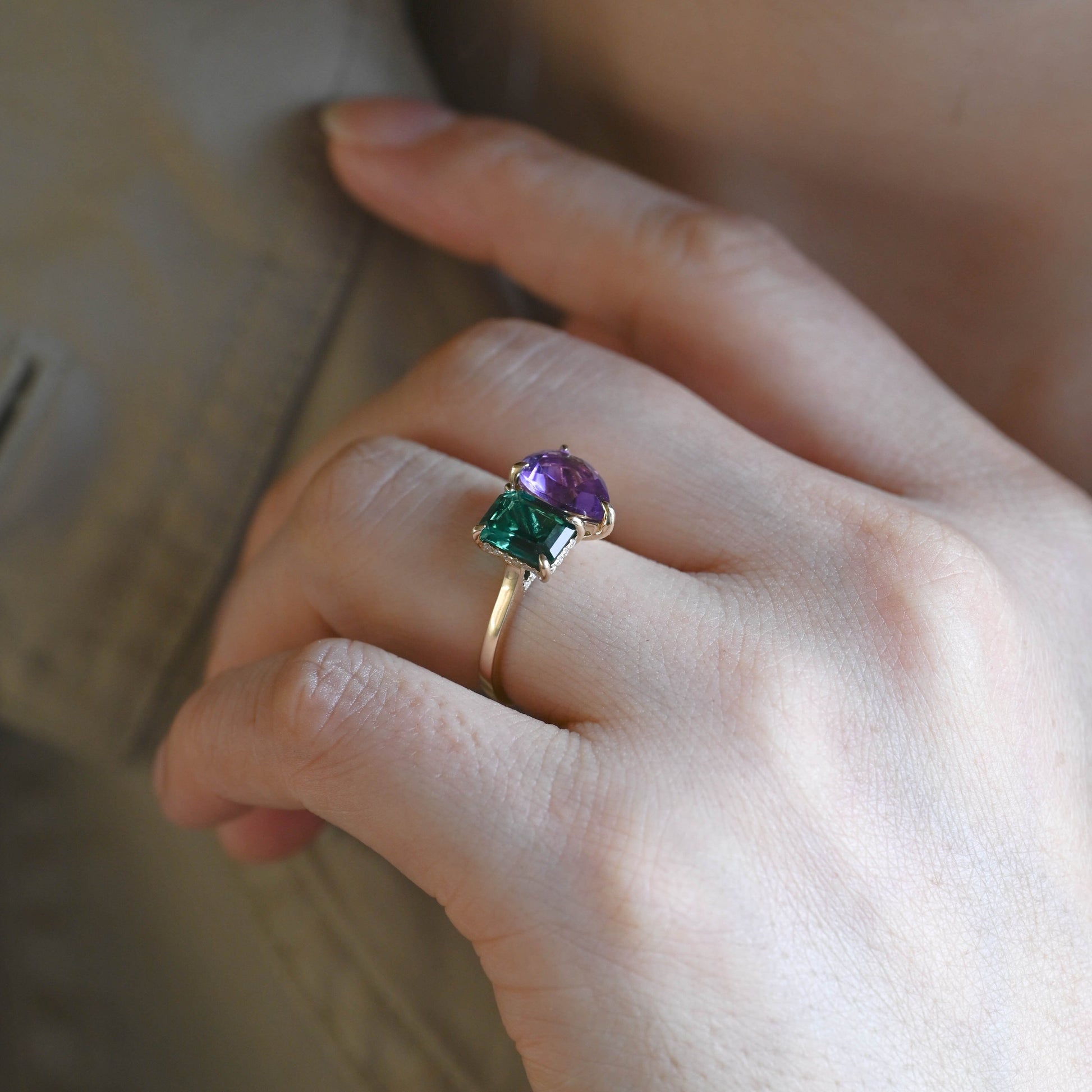 SquareJewelry emerald cut lab grown emerald engagement ring Solid Gold Toi et Moi Hidden Halo Lab Grown Emerad & Pear Cut Amethyst Engagement Ring