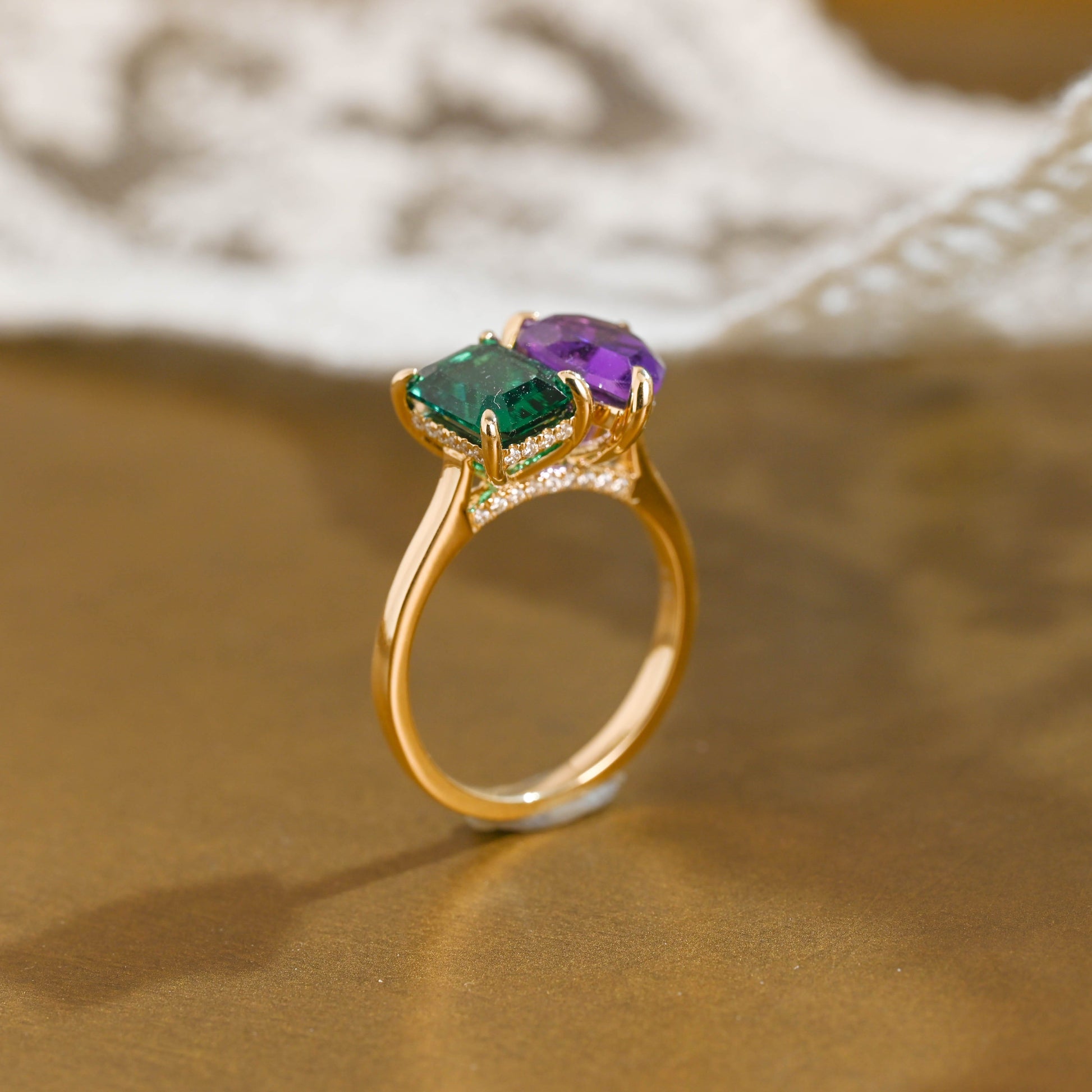 SquareJewelry emerald cut lab grown emerald engagement ring Solid Gold Toi et Moi Hidden Halo Lab Grown Emerad & Pear Cut Amethyst Engagement Ring