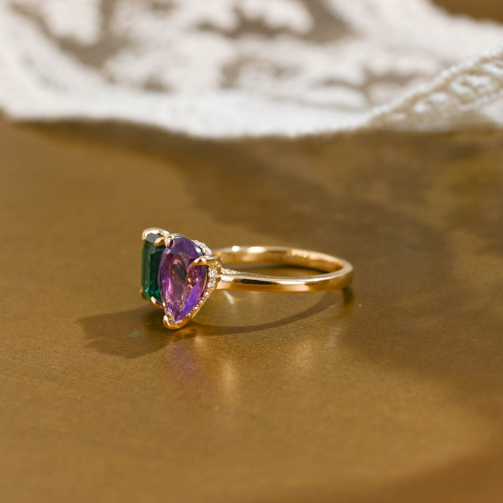 SquareJewelry emerald cut lab grown emerald engagement ring Solid Gold Toi et Moi Hidden Halo Lab Grown Emerad & Pear Cut Amethyst Engagement Ring