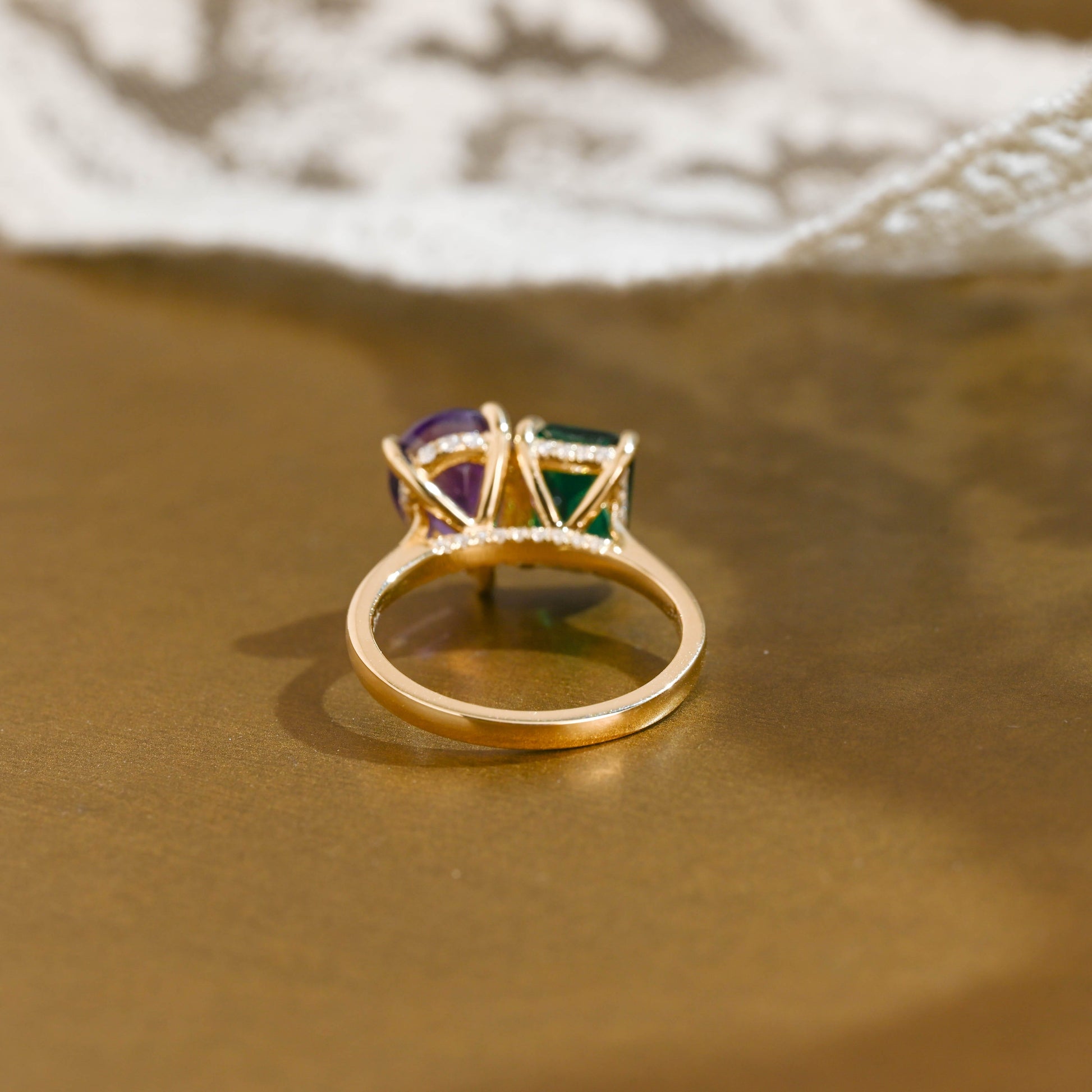 SquareJewelry emerald cut lab grown emerald engagement ring Solid Gold Toi et Moi Hidden Halo Lab Grown Emerad & Pear Cut Amethyst Engagement Ring