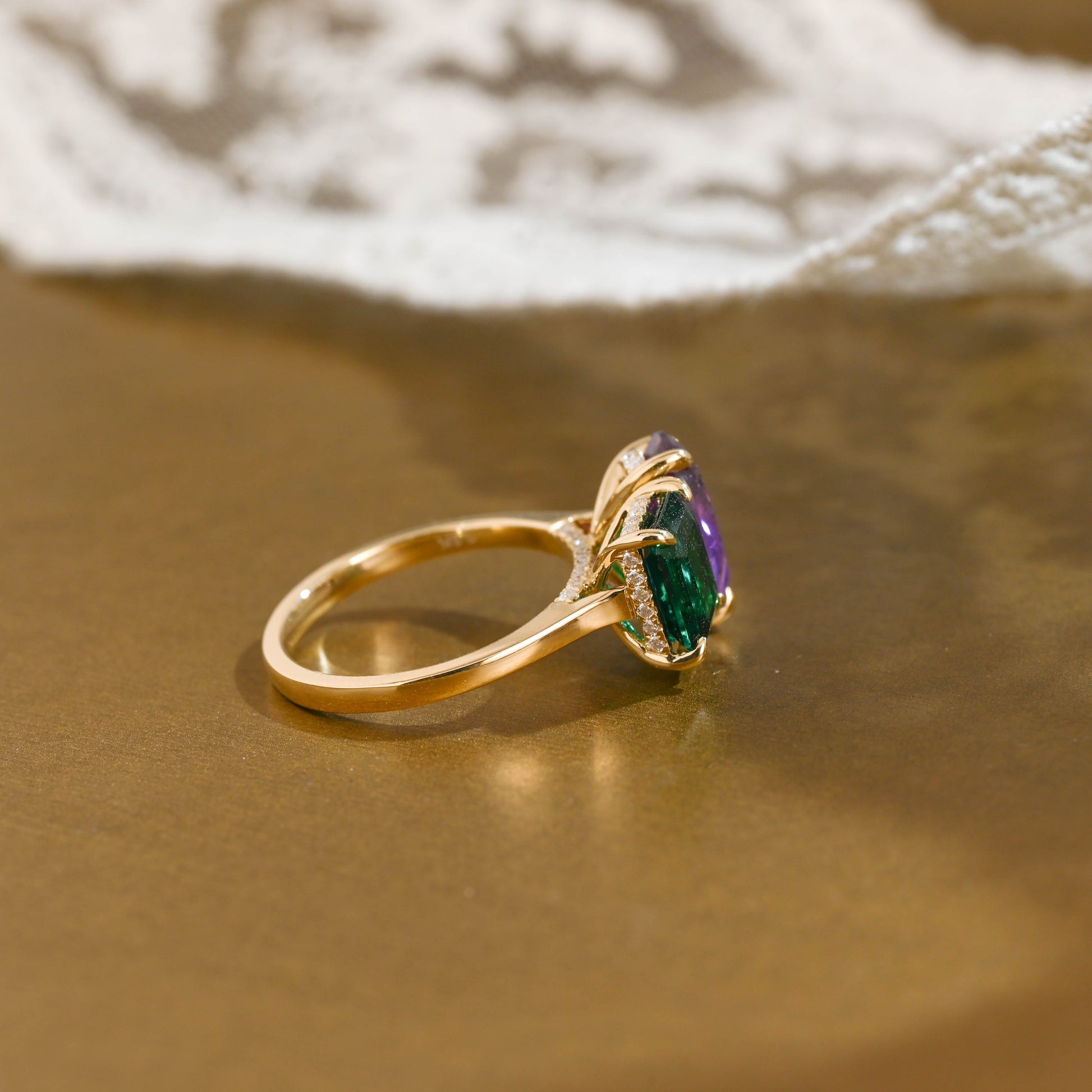 SquareJewelry emerald cut lab grown emerald engagement ring Solid Gold Toi et Moi Hidden Halo Lab Grown Emerad & Pear Cut Amethyst Engagement Ring