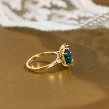 SquareJewelry emerald cut lab grown emerald engagement ring Solid Gold Toi et Moi Hidden Halo Lab Grown Emerad & Pear Cut Amethyst Engagement Ring
