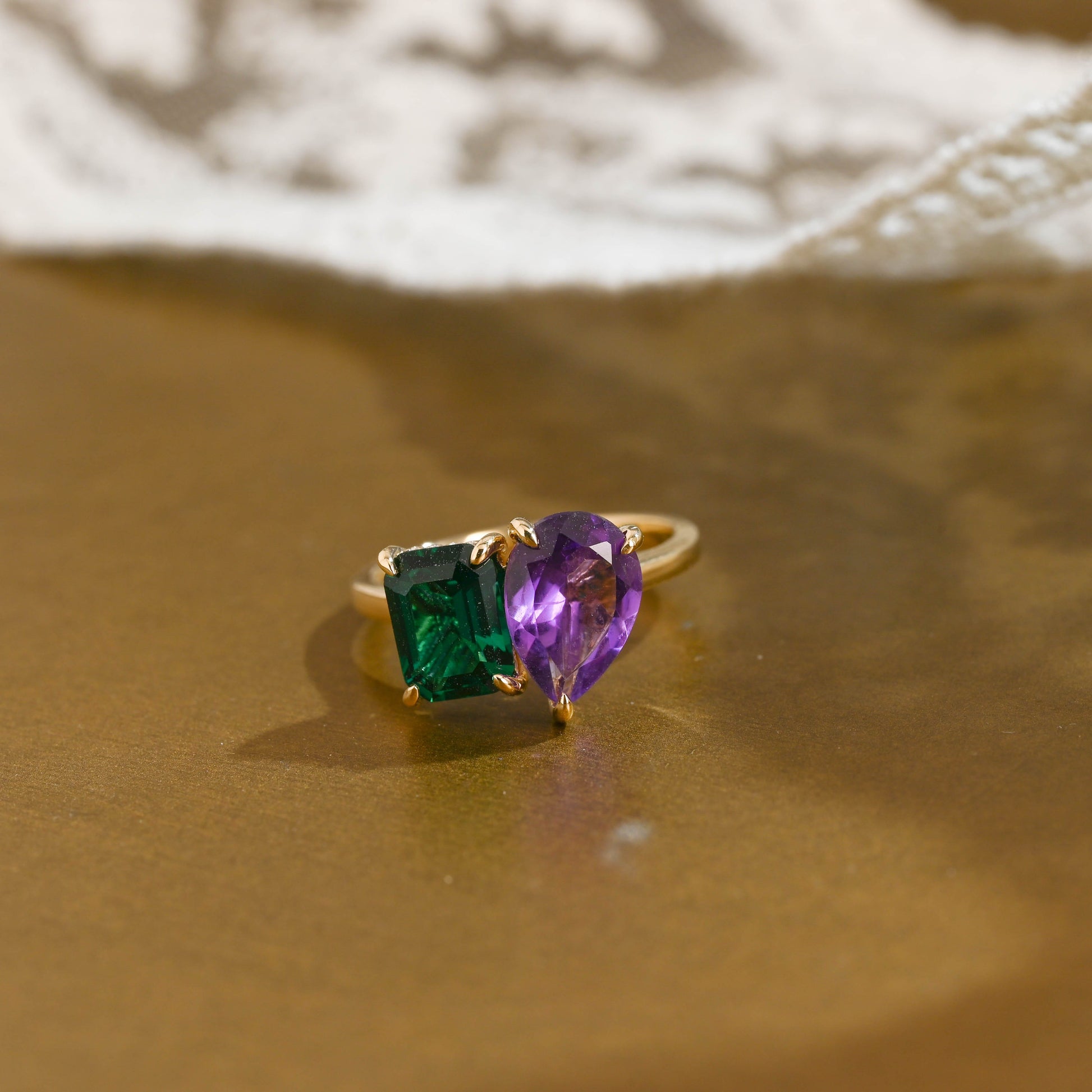 SquareJewelry emerald cut lab grown emerald engagement ring Solid Gold Toi et Moi Hidden Halo Lab Grown Emerad & Pear Cut Amethyst Engagement Ring