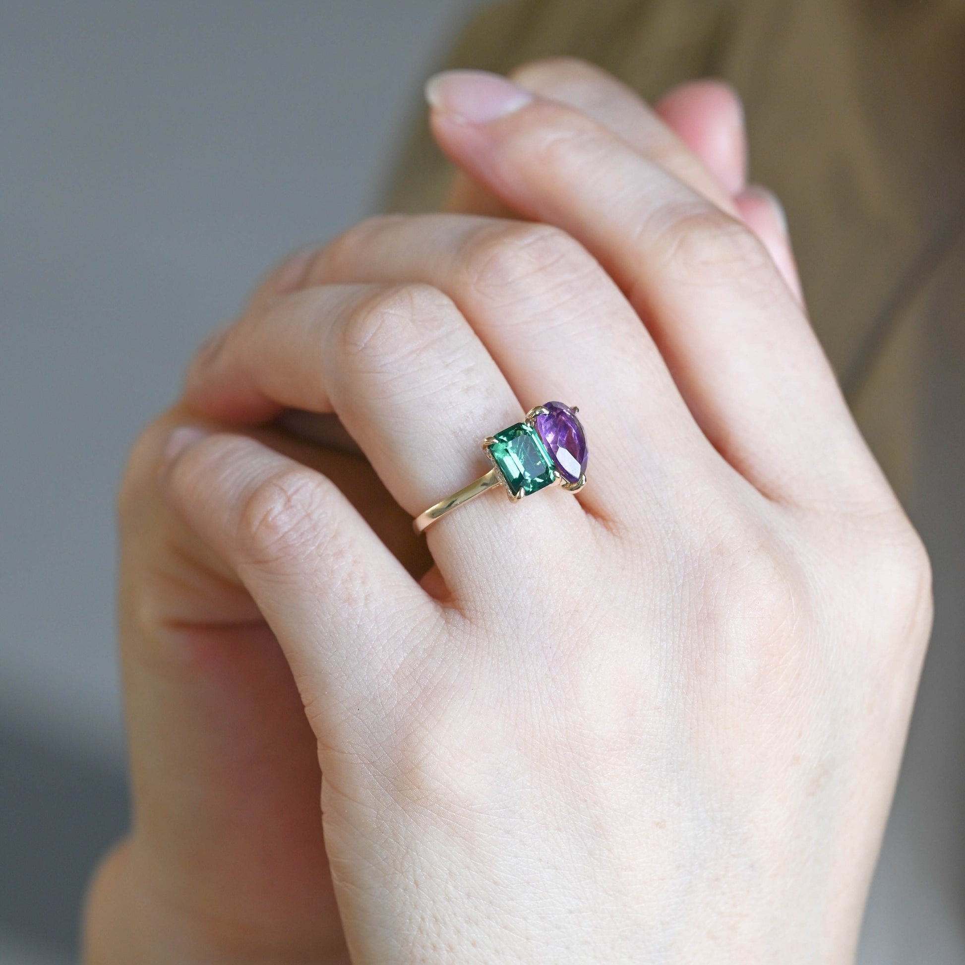 SquareJewelry emerald cut lab grown emerald engagement ring Solid Gold Toi et Moi Hidden Halo Lab Grown Emerad & Pear Cut Amethyst Engagement Ring