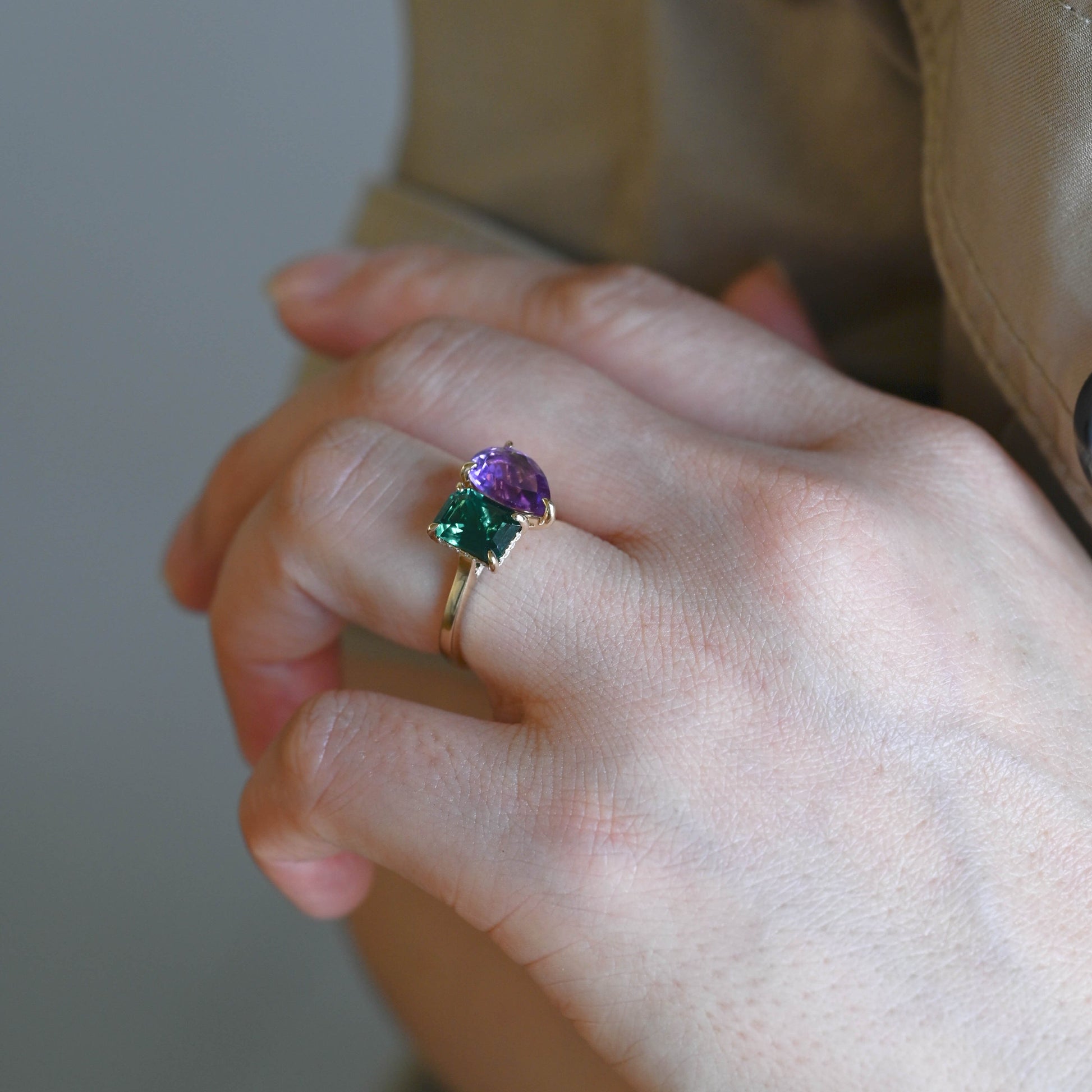 SquareJewelry emerald cut lab grown emerald engagement ring Solid Gold Toi et Moi Hidden Halo Lab Grown Emerad & Pear Cut Amethyst Engagement Ring