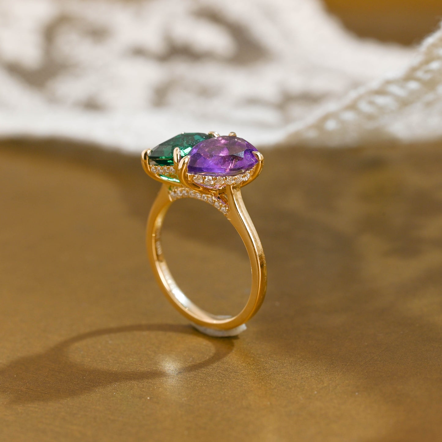 SquareJewelry emerald cut lab grown emerald engagement ring Solid Gold Toi et Moi Hidden Halo Lab Grown Emerad & Pear Cut Amethyst Engagement Ring