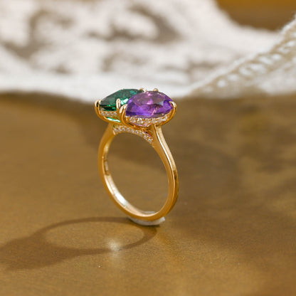 SquareJewelry emerald cut lab grown emerald engagement ring Solid Gold Toi et Moi Hidden Halo Lab Grown Emerad & Pear Cut Amethyst Engagement Ring
